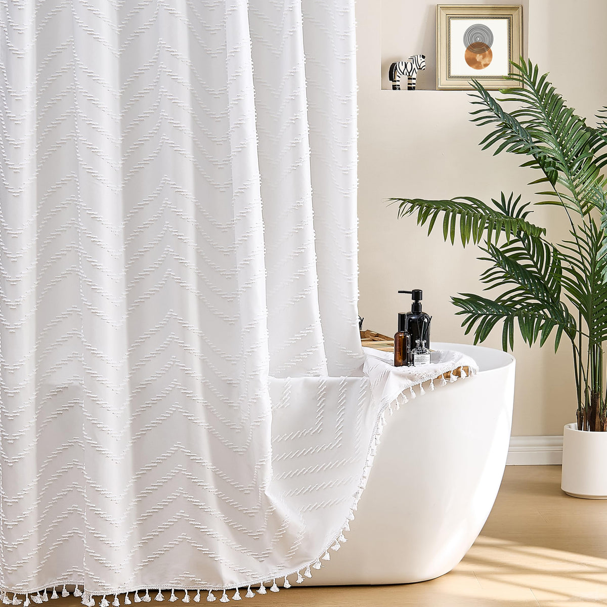 Siiluminisoy White Shower Curtain Fabric Boho Shower Curtain Cloth Textured Tufted Chevron Elegant Shower Curtains Waterproof for Bathroom 72" x 72"