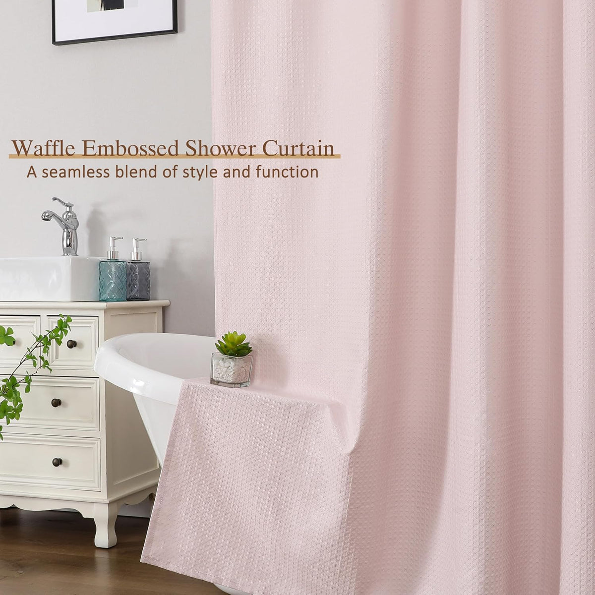 Pink Shower Curtain 72 Inch Length 1 Piece, Waffle Embossed Textured Soft Fabric Hotel Shower Curtain for Bathroom, Modern Polyester Water Repellent Machine Washable Bath Decor, 72Wx72L Inches