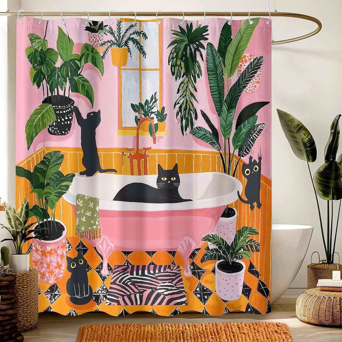 Funny Cat Shower Curtain Boho Cute Fun Black Cats Matisse Shower Curtains for Bathroom Kitten Green Tropical Plant Leaves Pink Orange Yellow Waterproof Fabric Bath Curtain Decor 72 X 72 Inches