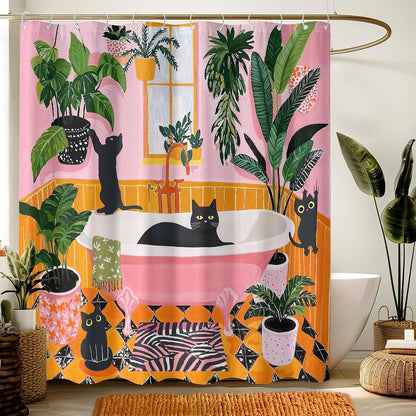 Funny Cat Shower Curtain Boho Cute Fun Black Cats Matisse Shower Curtains for Bathroom Kitten Green Tropical Plant Leaves Pink Orange Yellow Waterproof Fabric Bath Curtain Decor 72 X 72 Inches