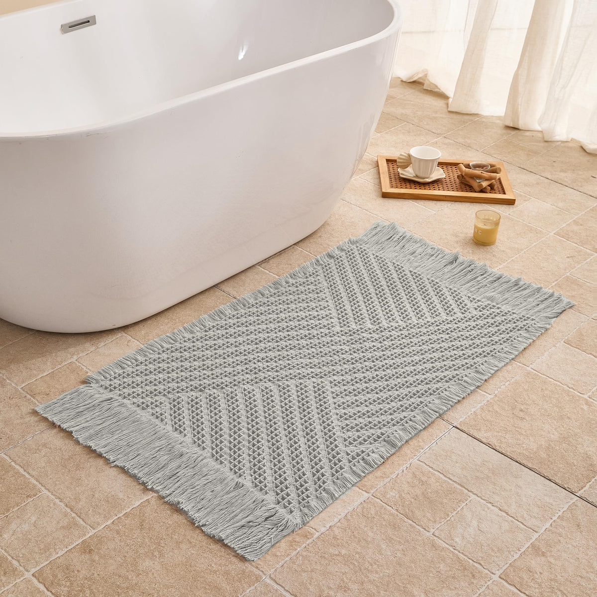 Waffle Bath Mat Non Slip, Boho Bathroom Rug, White/Taupe, 16"x24"