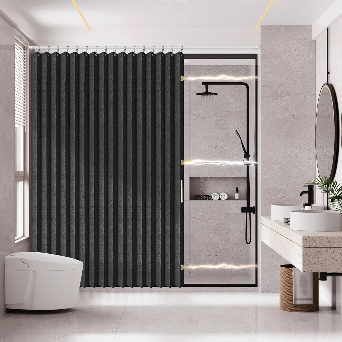 AJAZZ Magnetic Folding Shower Curtains Fabric Polyester Material Waterproof Shower Curtain Suitable for Family Hotel Homestay (Black,77" W x 72" L) 1 Panel