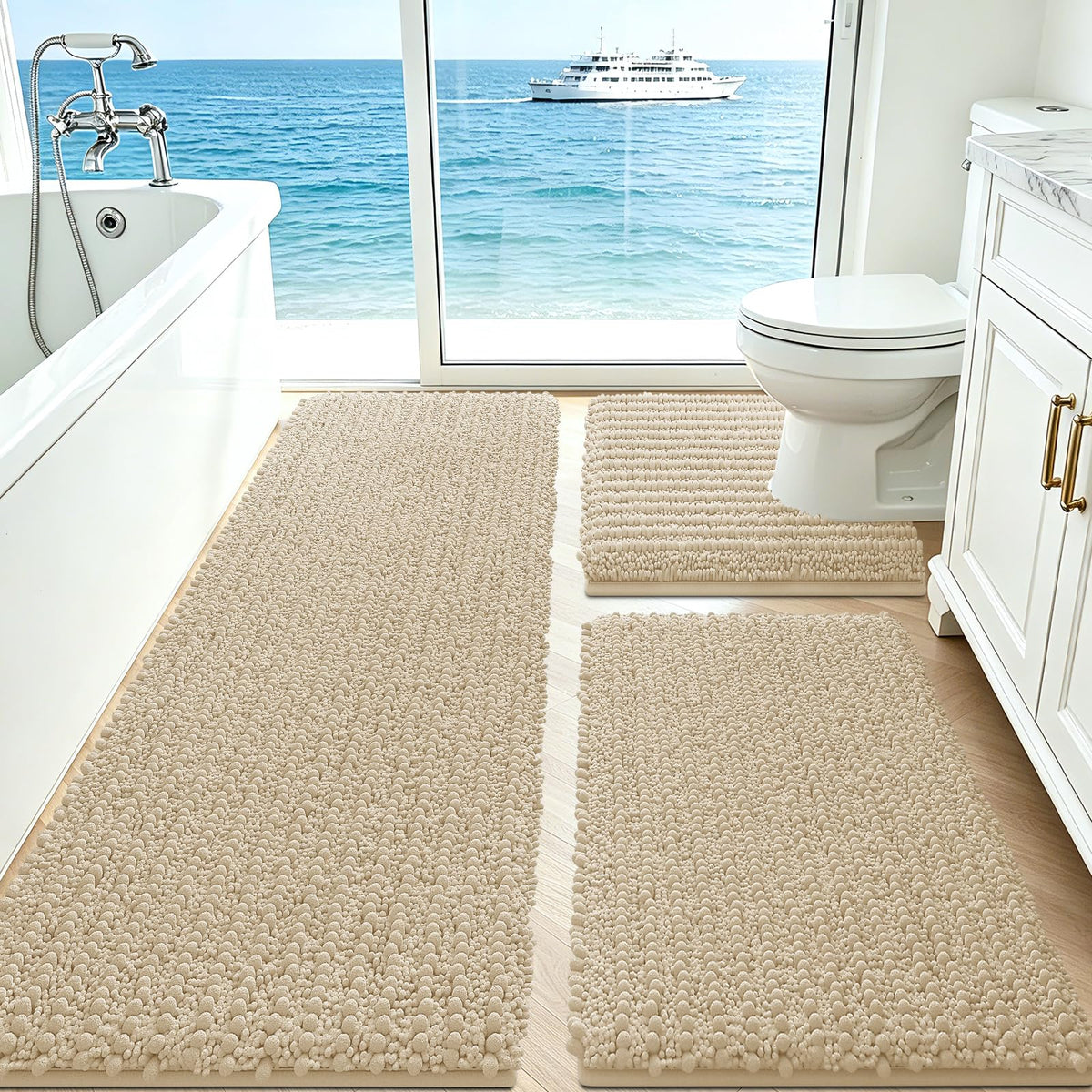 ACCUMTEK Upgrade Extra Large Black Bathroom Rug Set 3 Pieces Ultra Soft, Thick Absorbent Bath Mats, Non Slip Chenille Toilet Mat for Bathroom, Bedroom, Kitchen