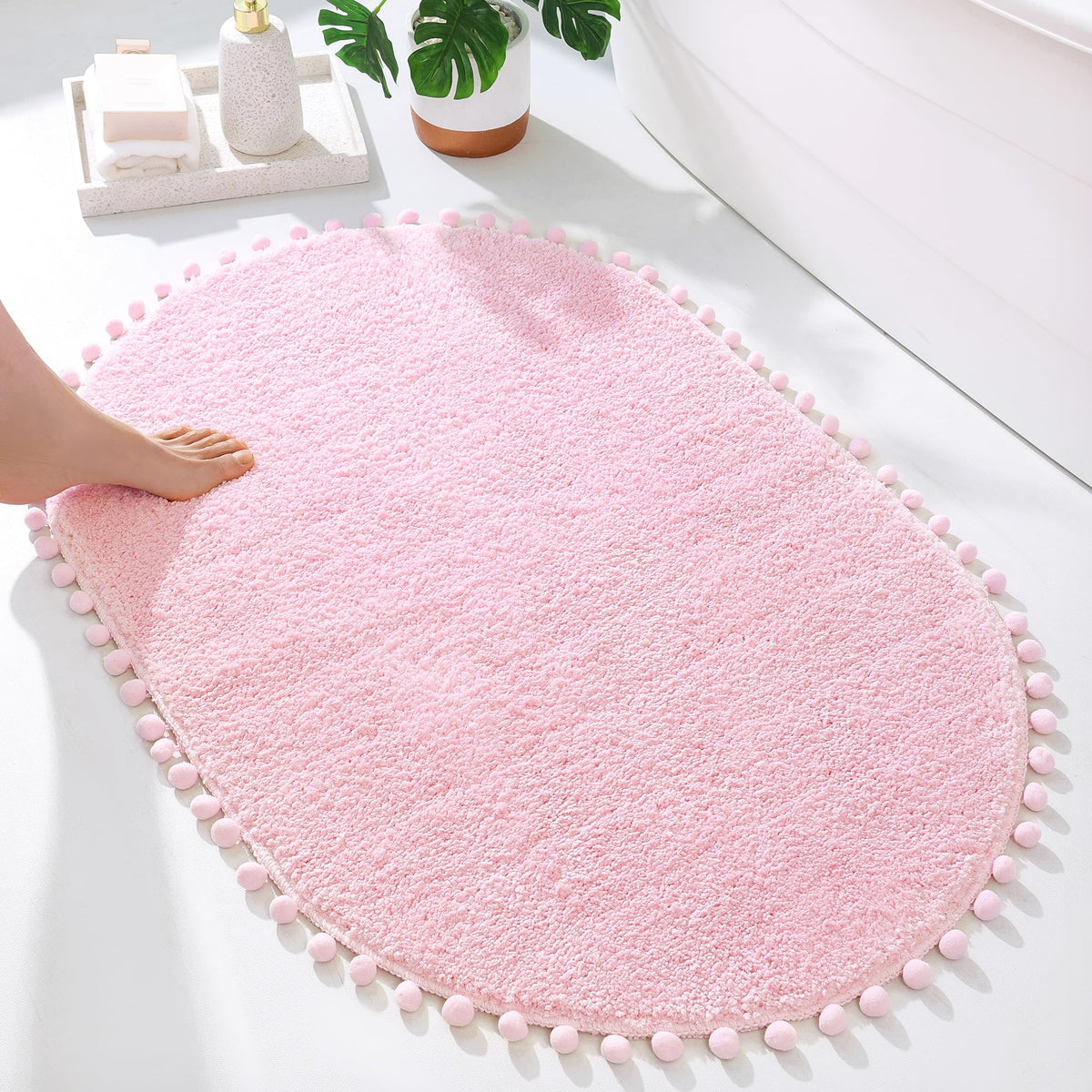 YIRDDEO Oval Rug for Bathroom, Cute Boho Bath Mat with Pom, Olive Green