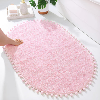 YIRDDEO Oval Rug for Bathroom, Cute Boho Bath Mat with Pom, Olive Green