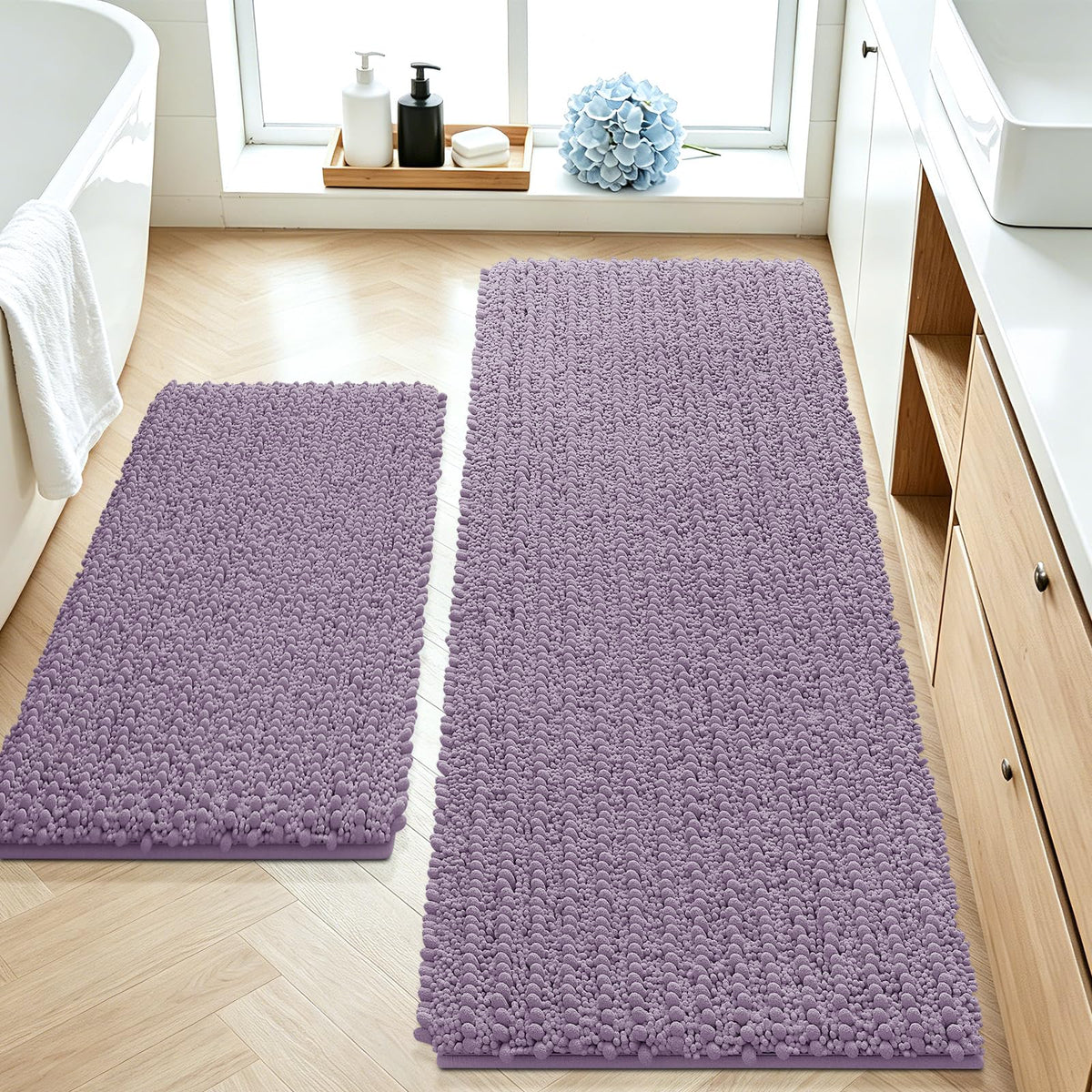 ACCUMTEK Upgrade Extra Large Black Bathroom Rug Set 3 Pieces Ultra Soft, Thick Absorbent Bath Mats, Non Slip Chenille Toilet Mat for Bathroom, Bedroom, Kitchen