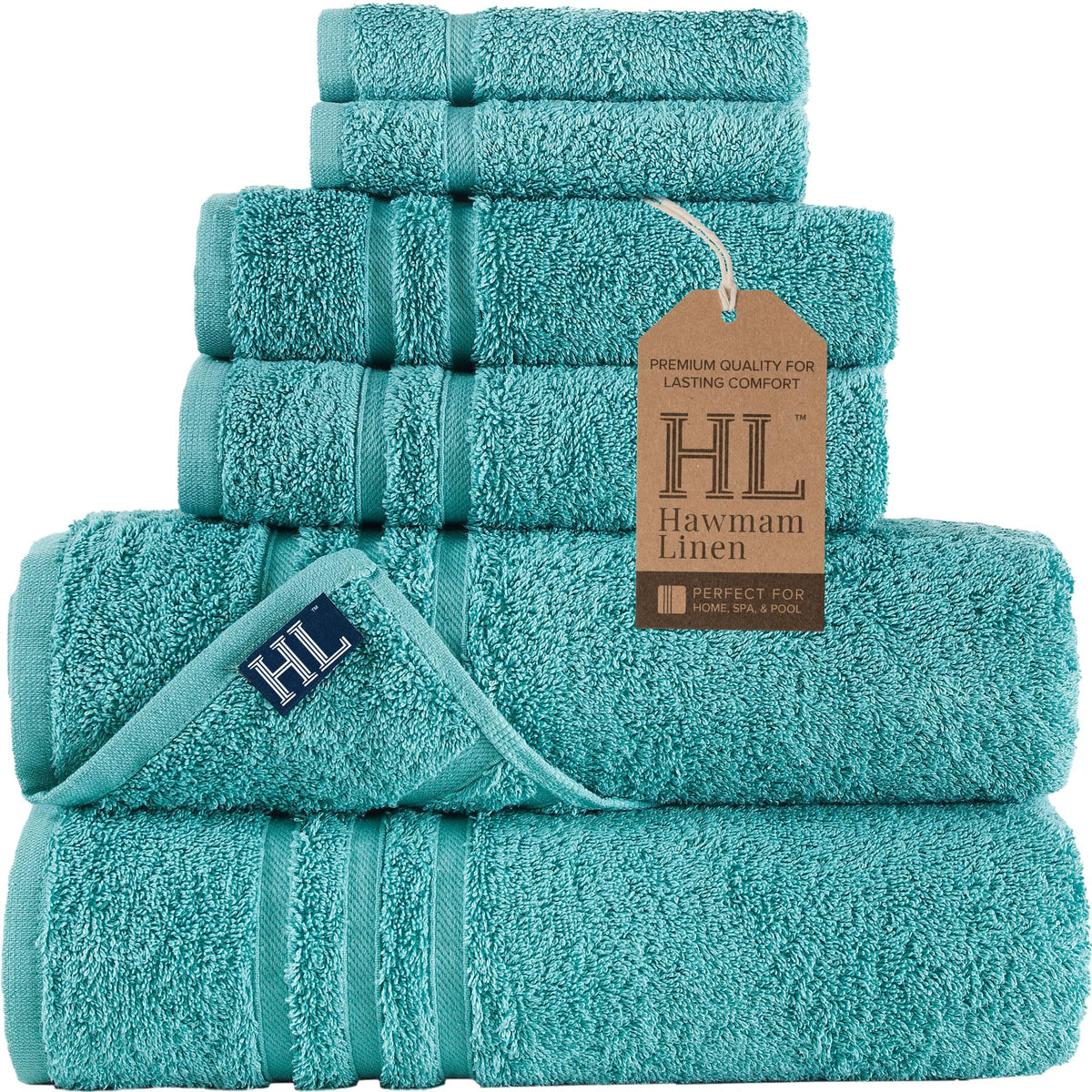 Hawmam Linen Cream 6 Piece Bath Towels Set for Bathroom Original Turkish Cotton Soft, Absorbent and Premium 2 Bath Towels, 2 Hand Towels, 2 Washcloths (Sea Salt)