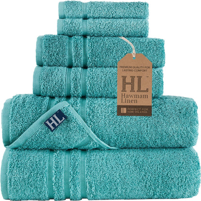 Hawmam Linen Cream 6 Piece Bath Towels Set for Bathroom Original Turkish Cotton Soft, Absorbent and Premium 2 Bath Towels, 2 Hand Towels, 2 Washcloths (Sea Salt)