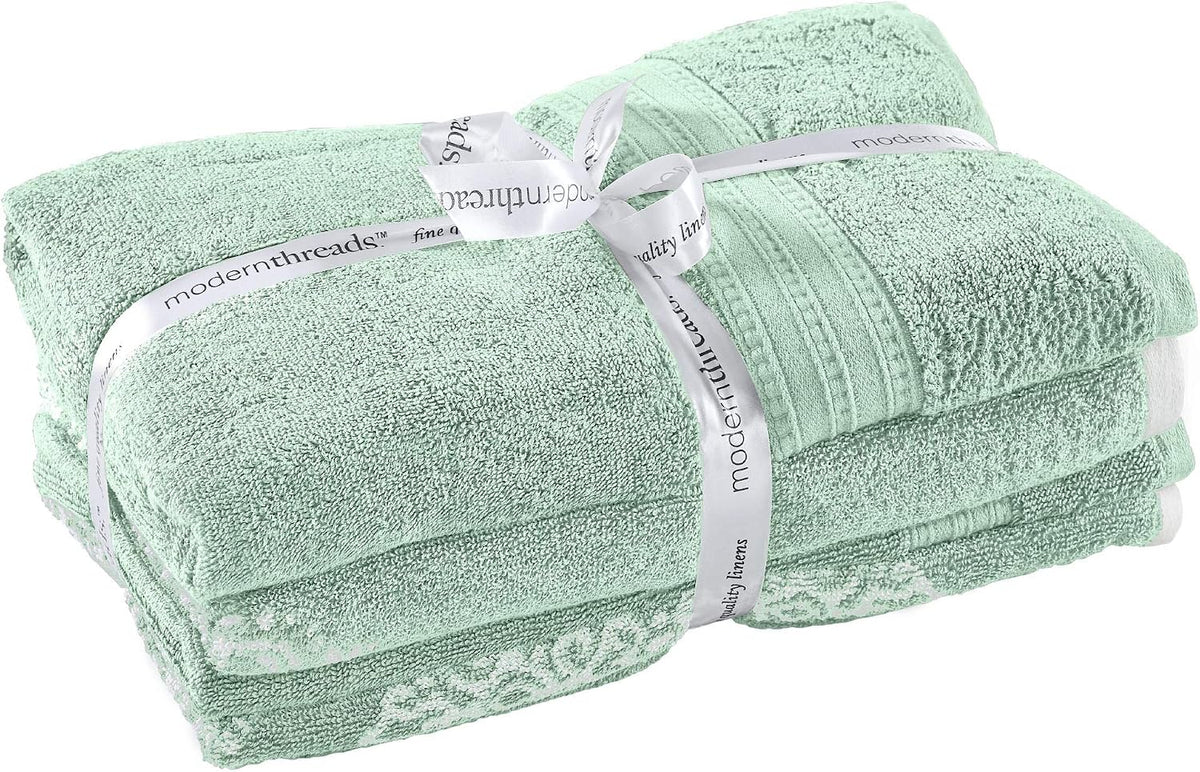 Modern Threads 6-Piece 100% Cotton Damask Medallion Towel Set, Sage