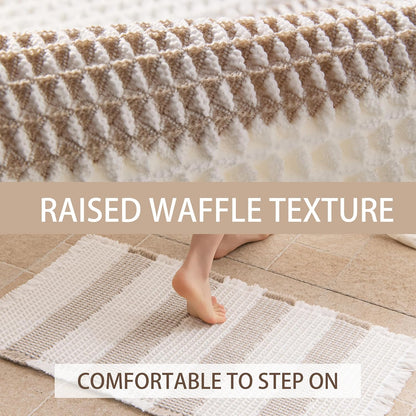 Waffle Bath Mat Non Slip, Boho Bathroom Rug, White/Taupe, 16"x24"