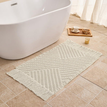 Waffle Bath Mat Non Slip, Boho Bathroom Rug, White/Taupe, 16"x24"