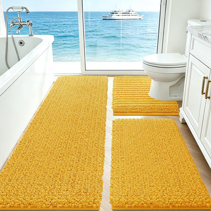 ACCUMTEK Upgrade Extra Large Black Bathroom Rug Set 3 Pieces Ultra Soft, Thick Absorbent Bath Mats, Non Slip Chenille Toilet Mat for Bathroom, Bedroom, Kitchen