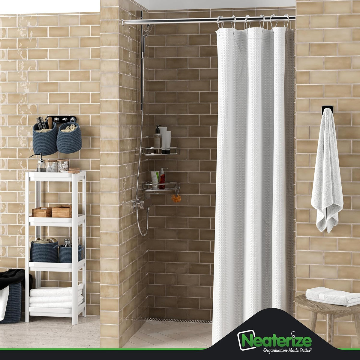 NEATERIZE Stall Shower Curtain White - Hotel Style Shower Curtains for Bathroom with Waffle Design, 36x72 Inches - White Fabric Shower Curtain - Cortinas de Baño Elegantes