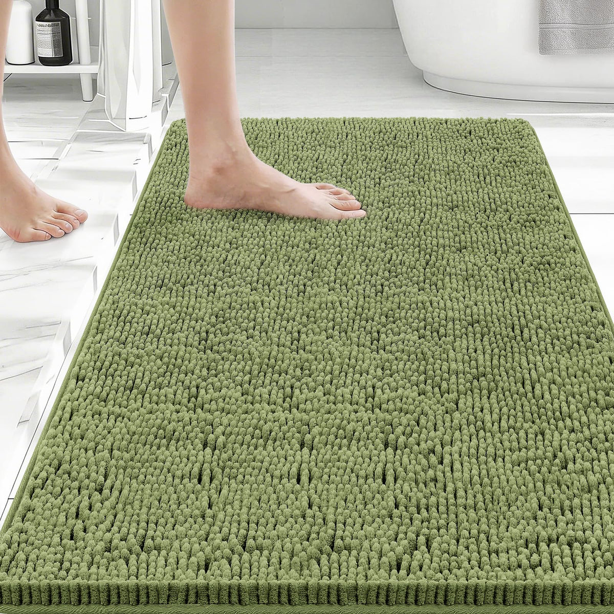 Bcoimo Bath Rug Mat,Sage Chenille High Absorbent Long Bathroom Runner Rugs
