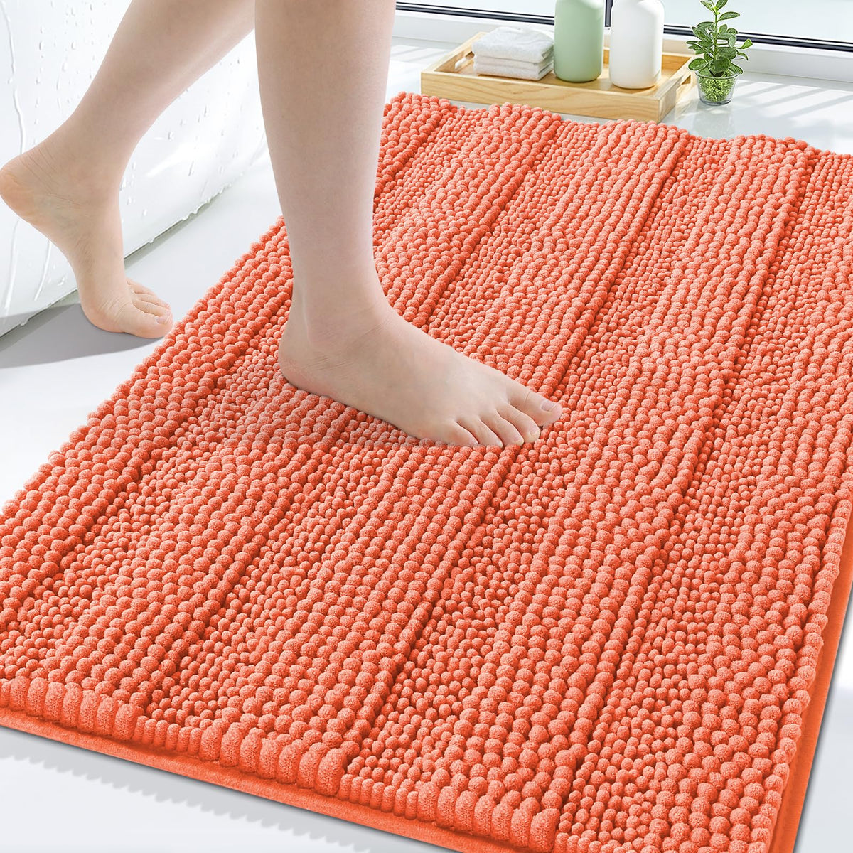 Grandaily Chenille Striped Bathroom Rugs 36x24, Extra Thick and Absorbent Bath Mats, Non-Slip Soft Plush Shaggy Shower Carpet, Machine Wash Dry, Bath Rug for Bathroom, (Large, Light Grey)