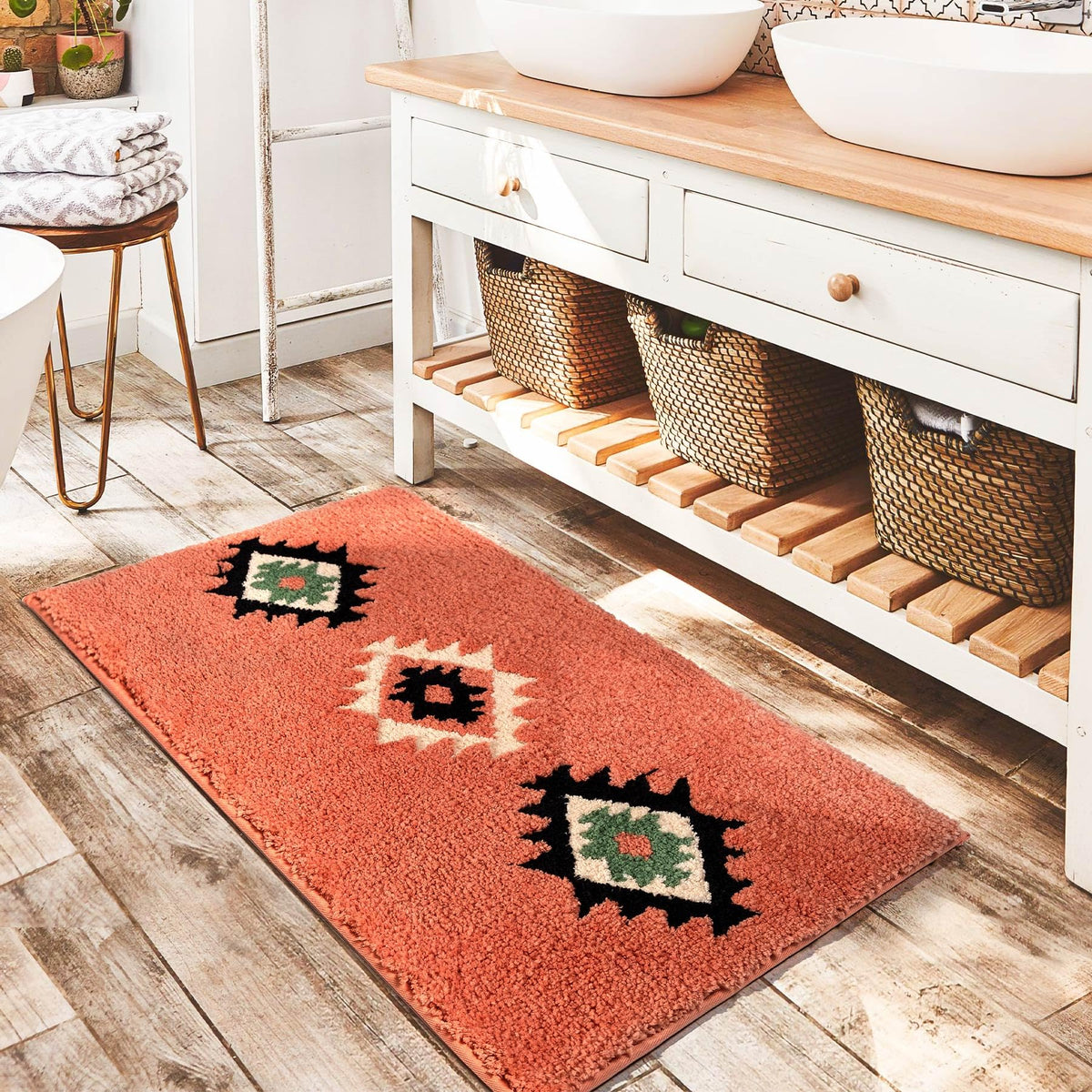 DEXDE Black Bathroom Rugs 20x32 Aztec Boho Long Western Plush Bath Mats