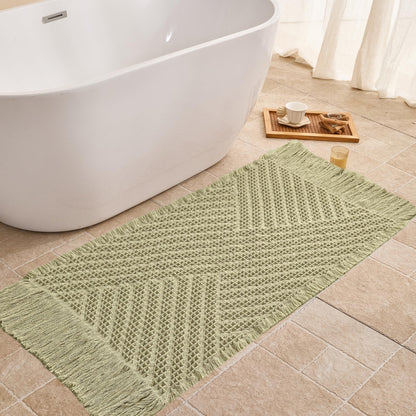 Waffle Bath Mat Non Slip, Boho Bathroom Rug, White/Taupe, 16"x24"