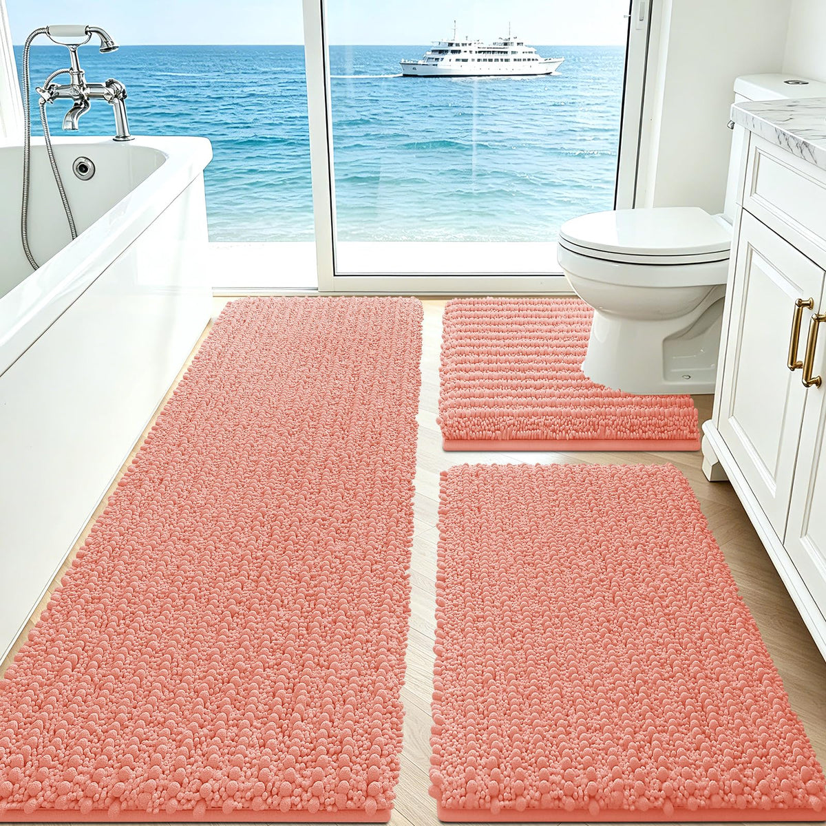 ACCUMTEK Upgrade Extra Large Black Bathroom Rug Set 3 Pieces Ultra Soft, Thick Absorbent Bath Mats, Non Slip Chenille Toilet Mat for Bathroom, Bedroom, Kitchen
