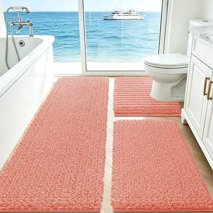 ACCUMTEK Upgrade Extra Large Black Bathroom Rug Set 3 Pieces Ultra Soft, Thick Absorbent Bath Mats, Non Slip Chenille Toilet Mat for Bathroom, Bedroom, Kitchen