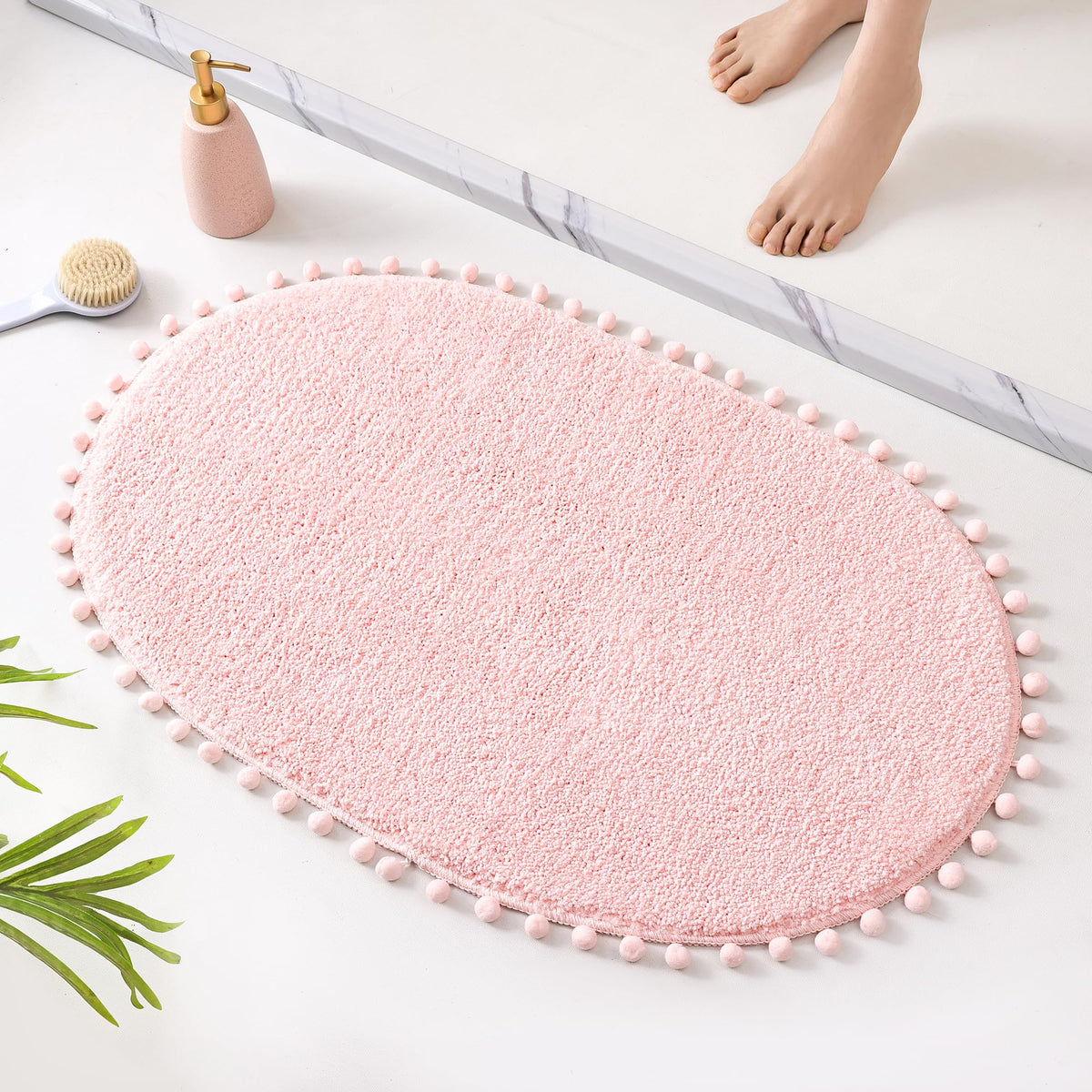 YIRDDEO Oval Rug for Bathroom, Cute Boho Bath Mat with Pom, Olive Green