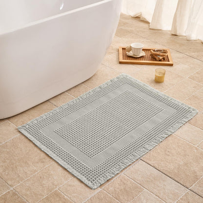 Waffle Bath Mat Non Slip, Boho Bathroom Rug, White/Taupe, 16"x24"