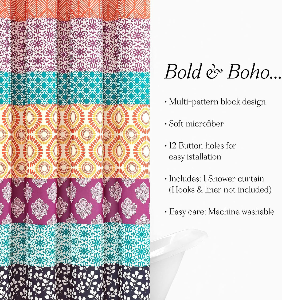 Lush Decor Bohemian Stripe Shower Curtain, 72" W x 72" L, Fuchsia & Orange - Bathroom Curtain - Striped Shower Curtain - Boho Decor - Fabric Shower Curtains