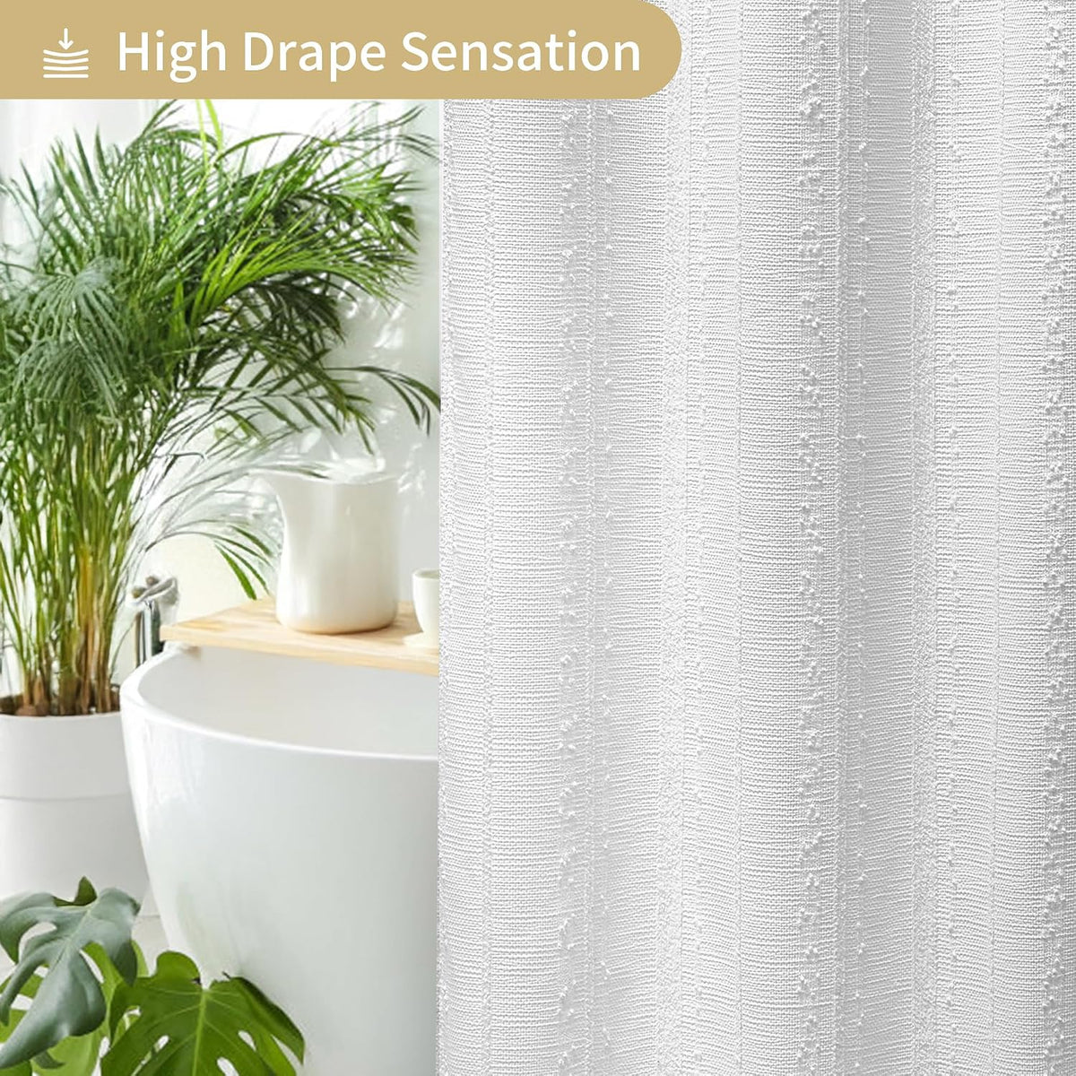 Extra Long White Shower Curtain Boho, 72 x 84 Cotton Blend Waffle Weave Stripe Textured Heavy Duty, Fabric Shower Curtain for Bathroom, Hotel, Washable