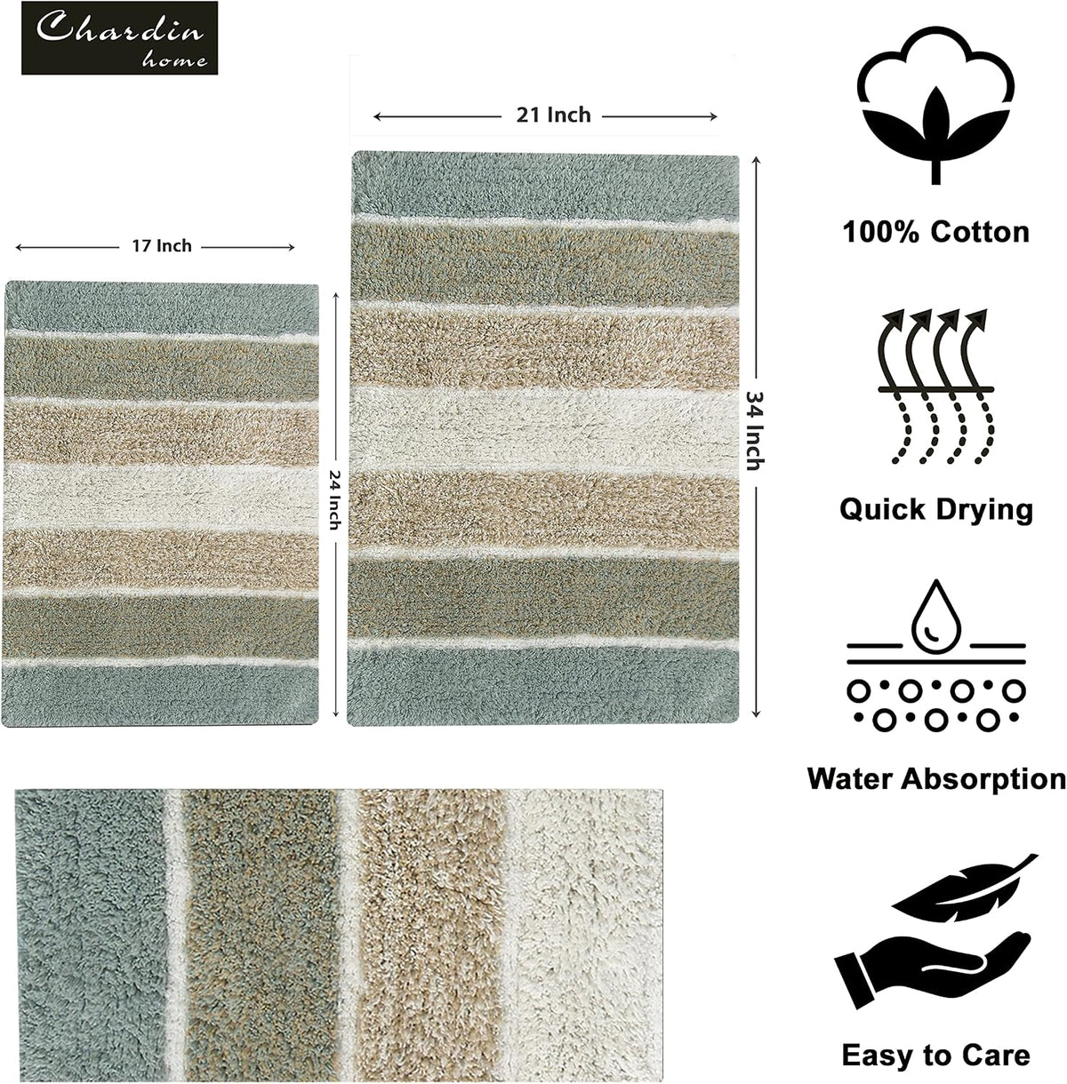 Chardin home Cordural Stripes Bath Mat, Set of 2 Bath Rugs (17 Inches x24 Inches & 21 Inches x34 Inches) | Non Slip Bathroom Rug, Machine Washable, Plush, Highly Absorbent | Bluish Gray- Beige