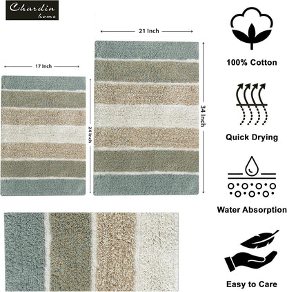 Chardin home Cordural Stripes Bath Mat, Set of 2 Bath Rugs (17 Inches x24 Inches & 21 Inches x34 Inches) | Non Slip Bathroom Rug, Machine Washable, Plush, Highly Absorbent | Bluish Gray- Beige