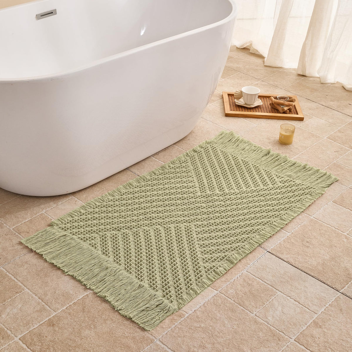 Waffle Bath Mat Non Slip, Boho Bathroom Rug, White/Taupe, 16"x24"