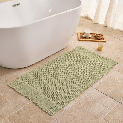 Waffle Bath Mat Non Slip, Boho Bathroom Rug, White/Taupe, 16"x24"