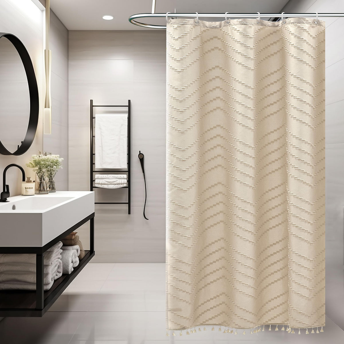 Siiluminisoy White Shower Curtain Fabric Boho Shower Curtain Cloth Textured Tufted Chevron Elegant Shower Curtains Waterproof for Bathroom 72" x 72"