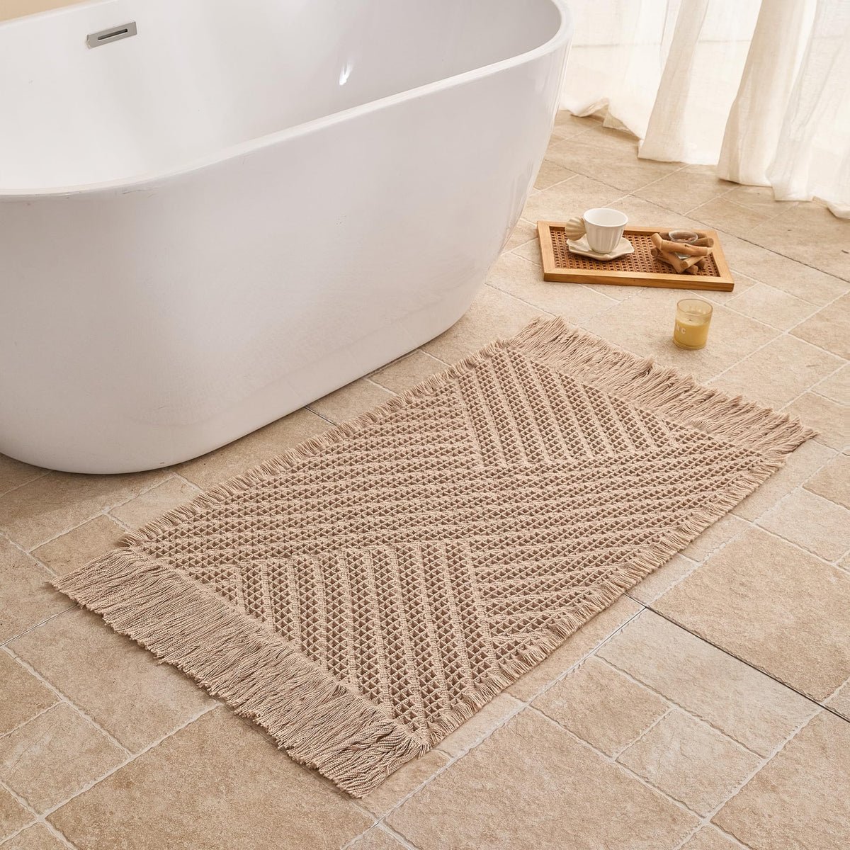Waffle Bath Mat Non Slip, Boho Bathroom Rug, White/Taupe, 16"x24"