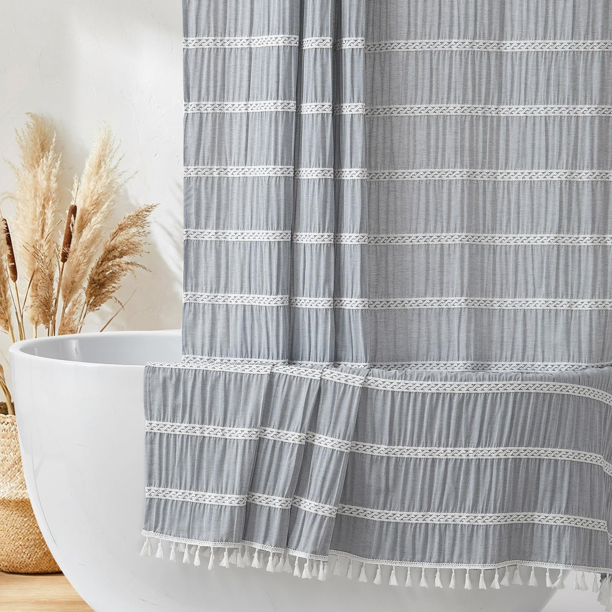 Siiluminisoy Extra Long Shower Curtain Fabric 72 x 84 Inch Shower Curtain Cream Striped Cotton Blend Thick Farmhouse Shower Curtains for Country Bathroom Decor, Beige