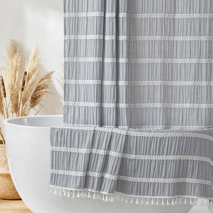 Siiluminisoy Extra Long Shower Curtain Fabric 72 x 84 Inch Shower Curtain Cream Striped Cotton Blend Thick Farmhouse Shower Curtains for Country Bathroom Decor, Beige