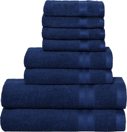 BOUTIQUO Navy Blue Towel Set - 8 Piece Bathroom Towel Set - 100% Ring Spun Cotton, 2 Bath Towel 27x54, 2 Hand Towel 16x28, 4 Washcloth 13x13 - Ultra Soft Highly Absorbent