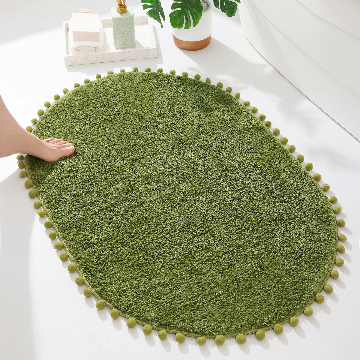 YIRDDEO Oval Rug for Bathroom, Cute Boho Bath Mat with Pom, Olive Green