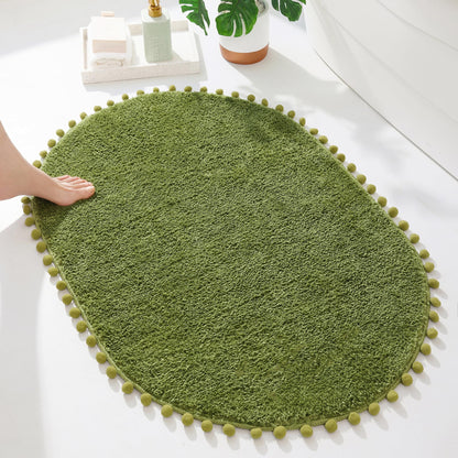 YIRDDEO Oval Rug for Bathroom, Cute Boho Bath Mat with Pom, Olive Green