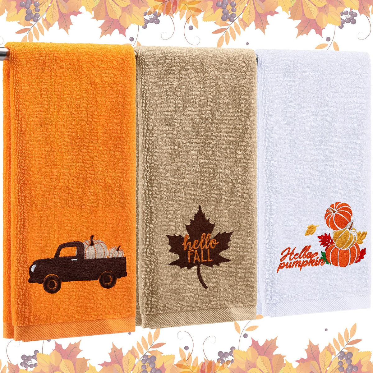 Fanfanwin 3 Pcs Fall Hand Towels for Bathroom 13.8 x 29.5 Inch Autumn Decorative Bath Towels Sets 100% Cotton Embroidered Pumpkin Maple Thanksgiving Bathroom Decor(Orange and Brown,Pumpkin)