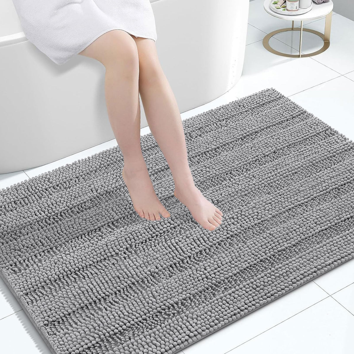 Grandaily Chenille Striped Bathroom Rugs 36x24, Extra Thick and Absorbent Bath Mats, Non-Slip Soft Plush Shaggy Shower Carpet, Machine Wash Dry, Bath Rug for Bathroom, (Large, Light Grey)