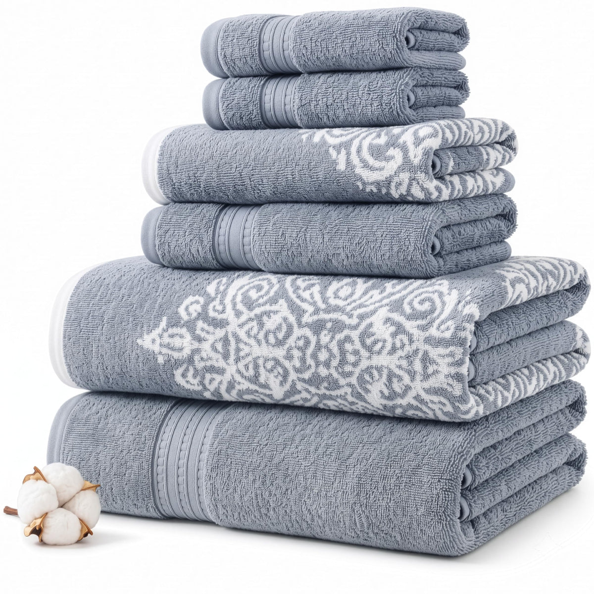 Modern Threads 6-Piece 100% Cotton Damask Medallion Towel Set, Sage