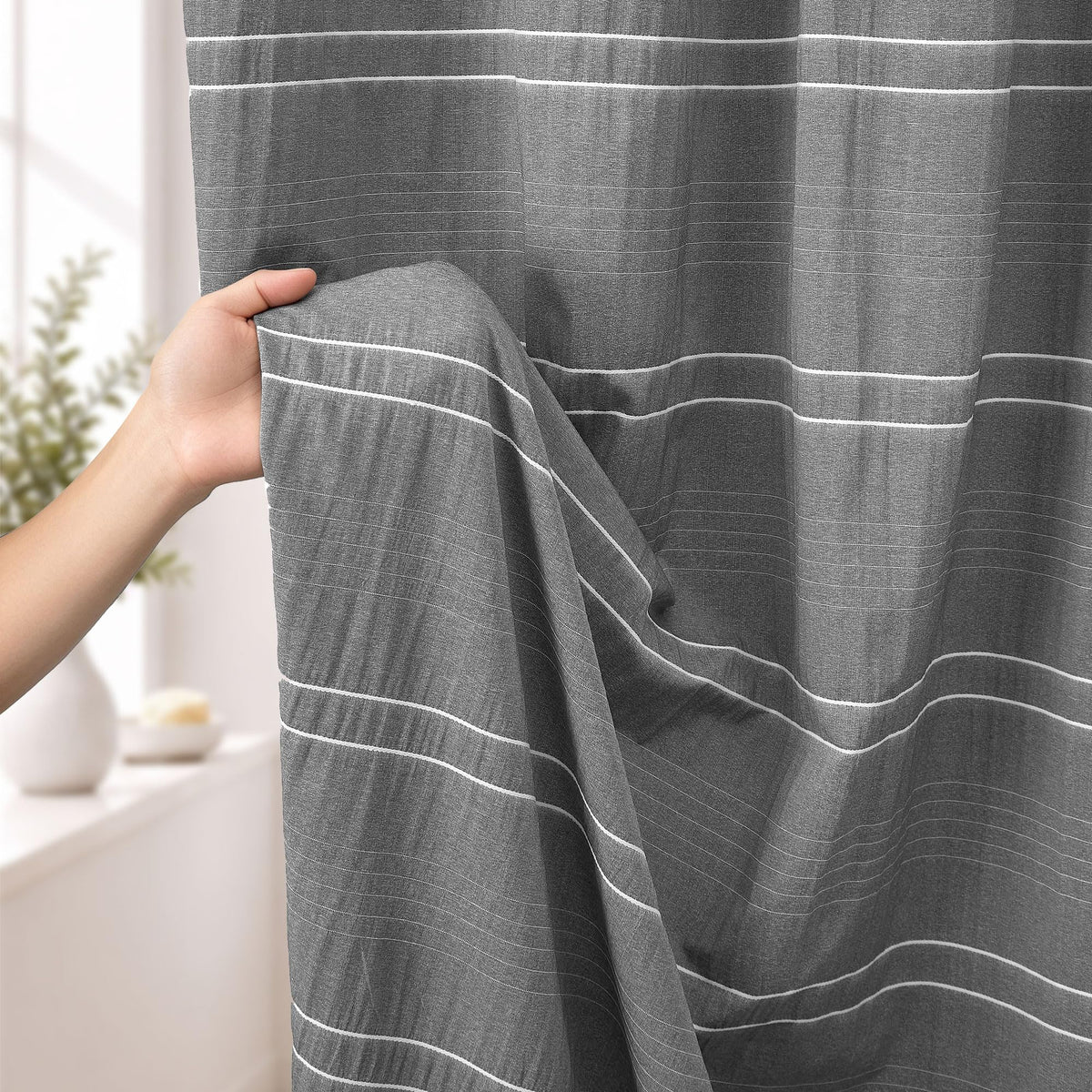 Siiluminisoy Extra Long Shower Curtain Fabric 72 x 84 Inch Shower Curtain Cream Striped Cotton Blend Thick Farmhouse Shower Curtains for Country Bathroom Decor, Beige