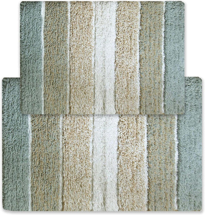 Chardin home Cordural Stripes Bath Mat, Set of 2 Bath Rugs (17 Inches x24 Inches & 21 Inches x34 Inches) | Non Slip Bathroom Rug, Machine Washable, Plush, Highly Absorbent | Bluish Gray- Beige