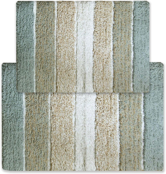 Chardin home Cordural Stripes Bath Mat, Set of 2 Bath Rugs (17 Inches x24 Inches & 21 Inches x34 Inches) | Non Slip Bathroom Rug, Machine Washable, Plush, Highly Absorbent | Bluish Gray- Beige