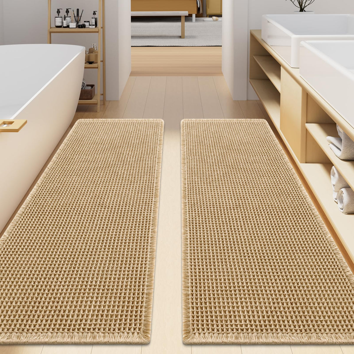 Smiry Waffle Bathroom Rugs Sets 2 Piece (30x20+24x16, Brown)