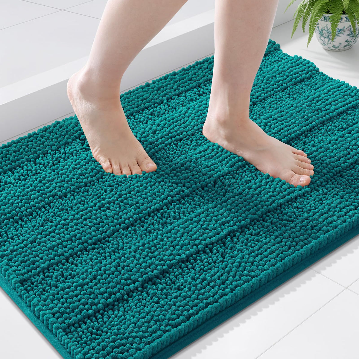 Grandaily Chenille Striped Bathroom Rugs 36x24, Extra Thick and Absorbent Bath Mats, Non-Slip Soft Plush Shaggy Shower Carpet, Machine Wash Dry, Bath Rug for Bathroom, (Large, Light Grey)