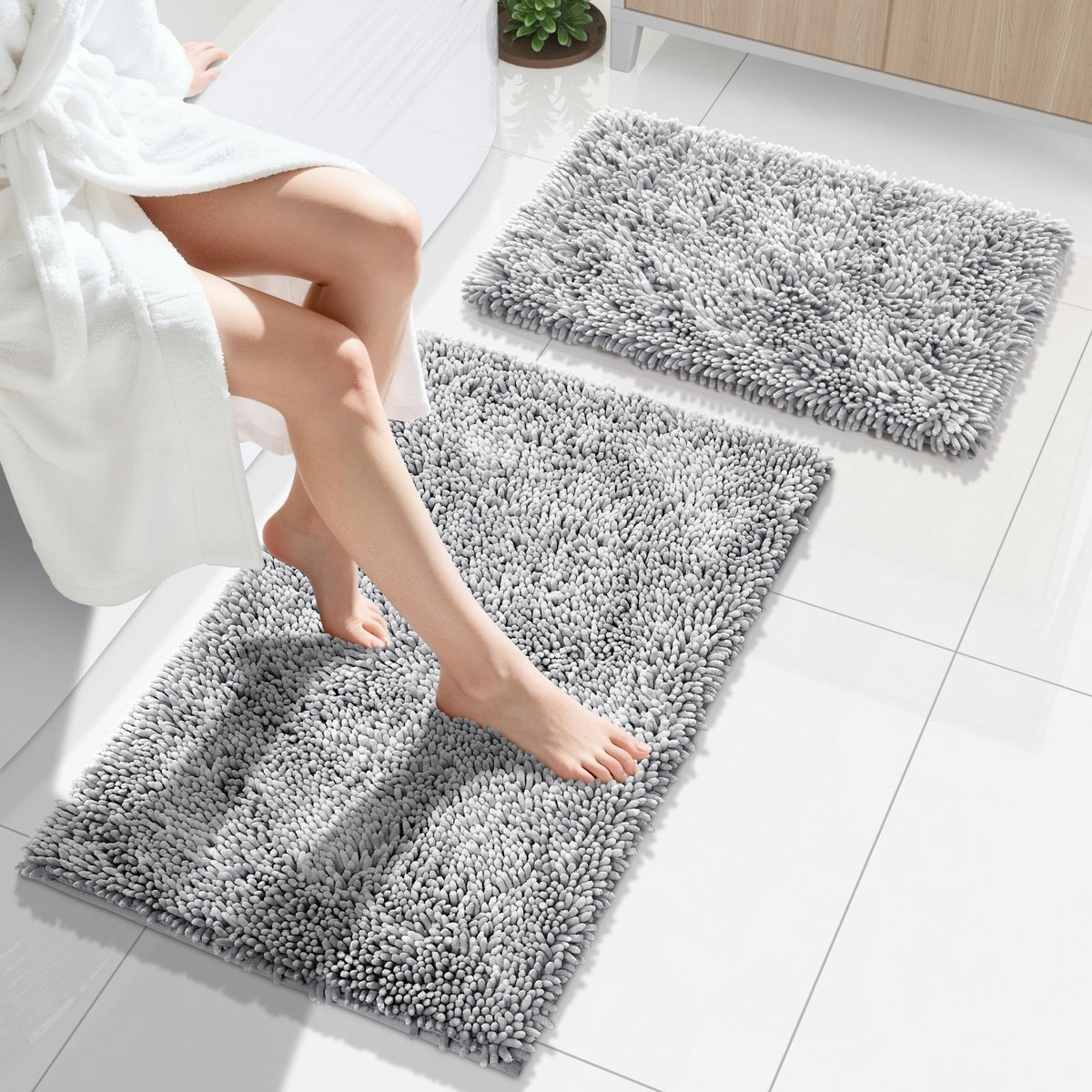 Yimobra Bathroom Rug Set 2 Piece, Luxury Shaggy Bath Mat Set with Non Slip Backing, Ultra Soft & Absorbent Mats for Bathroom Floor, Machine Washable, 31.5"x20"+24"x17", Dark Purple