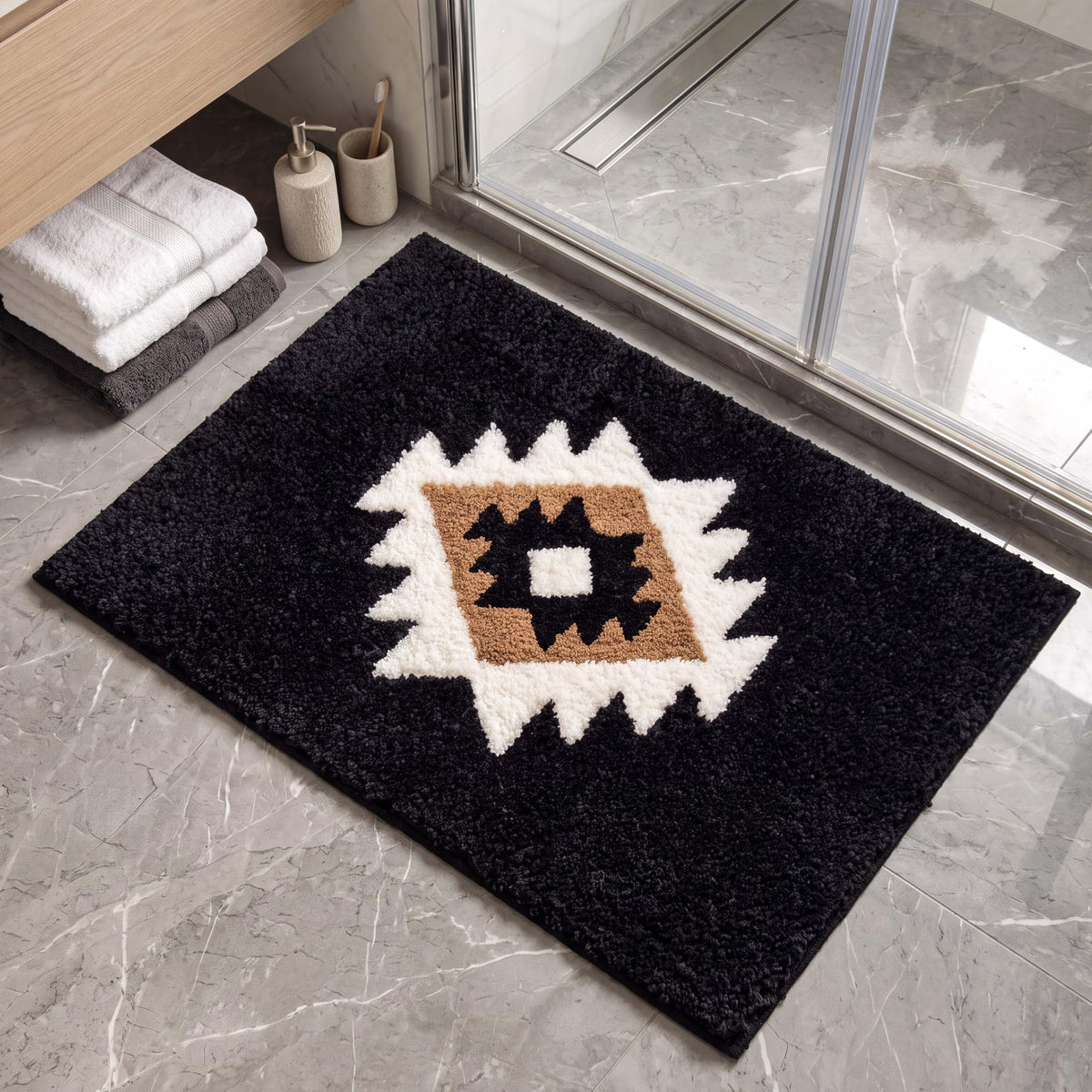 DEXDE Black Bathroom Rugs 20x32 Aztec Boho Long Western Plush Bath Mats
