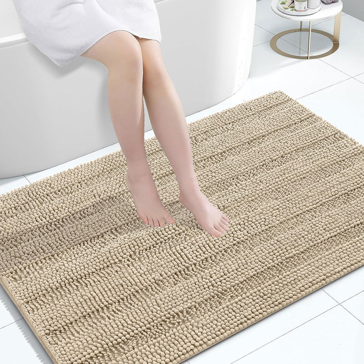 Grandaily Chenille Striped Bathroom Rugs 36x24, Extra Thick and Absorbent Bath Mats, Non-Slip Soft Plush Shaggy Shower Carpet, Machine Wash Dry, Bath Rug for Bathroom, (Large, Light Grey)