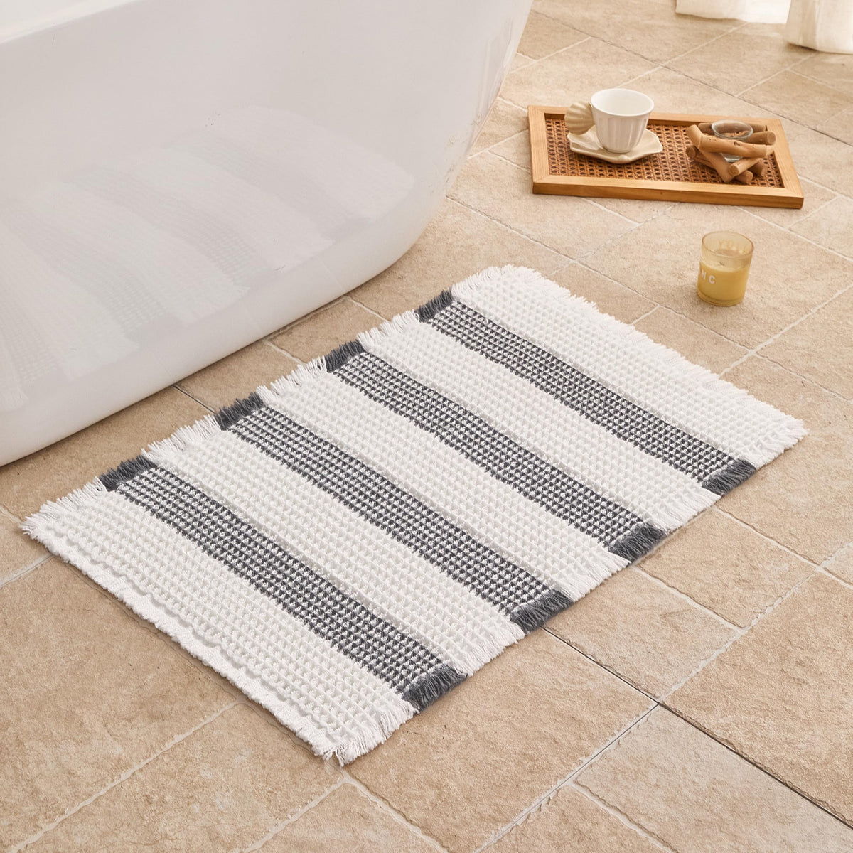 Waffle Bath Mat Non Slip, Boho Bathroom Rug, White/Taupe, 16"x24"